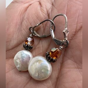 Coin Pearl Light Brown Rounded Crystal AB Sterling Silver Earrings